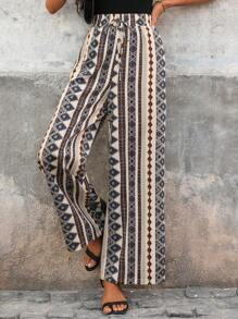 SHEIN Clasi Vakantie-outfits voor dames, zomerse elegante damesprint in boho-stijl met geometrische print, elastische tailleband, verstelbare vetersluiting, rechte pijpen en wijde pijpen, geschikt om te dragen bij verschillende gelegenheden
