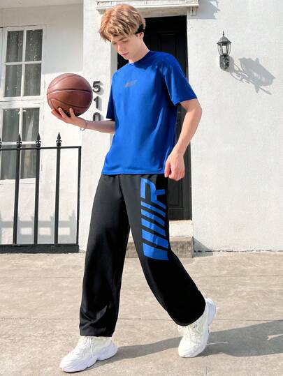 SHEIN 2入組青少年男孩簡約休閒字母印花圓領透氣運動服裝，夏季適用於跑步或戶外活動