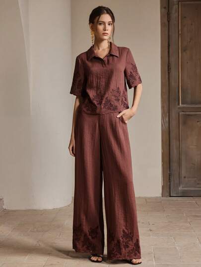 Anewsta 2pcs/Set Women Vacation Turndown Collar Short Sleeve Embroidered Beach Dress & Casual Outfits