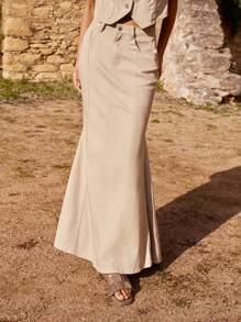 Maija Dames denim rok, lage taille, getailleerde zeemeermin stijl, abrikoos kleur