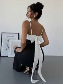 Firerie 女士优雅简约精致浪漫甜美婚礼宾客聚会度假露背双色蝴蝶结装饰黑白无袖长裙，春夏 - 黑與白 - 查看 7
