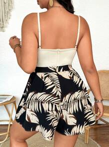 SHEIN Clasi Plus Size Women Tropical Leaf & Ruffle V-Neck Jumpsuit With Bottom Splice Details, Vacation/Holiday, Spring/Summer - Black - View 2