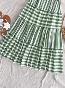 Soleia Women's Green And White Striped A-Line Dress, Casual Summer Beach Lunch Graduation/Wedding Occasion, Cutout Waist And Open Back Design, For Spring - Multicolor - View 6