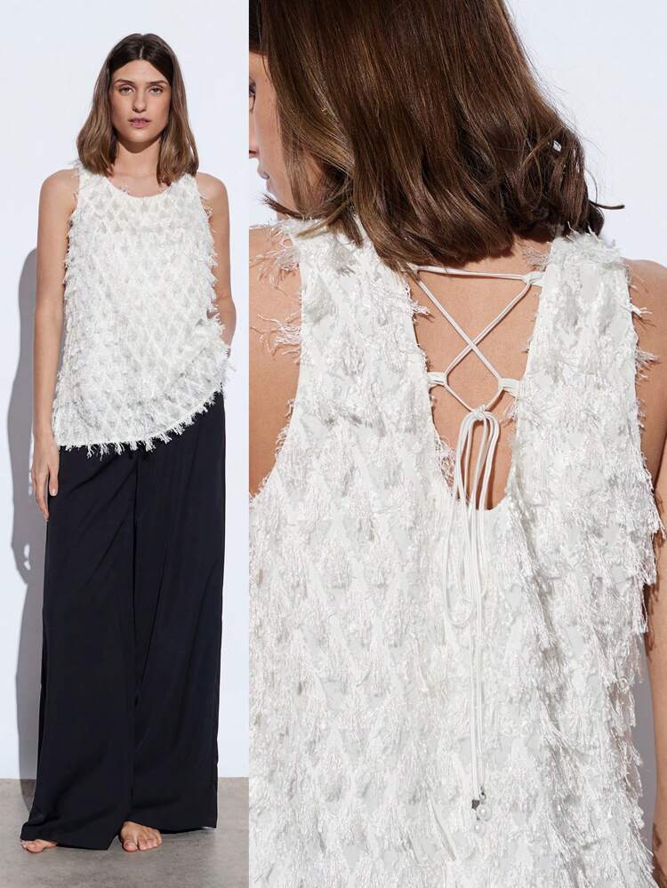 SHEIN Maija Blusa de mujer con textura de flecos tejidos de estilo vacacional chic primavera/verano, blanca, informal y romántica, adecuada para salidas, reuniones, bodas, estilo de invitada, Día de San Valentín