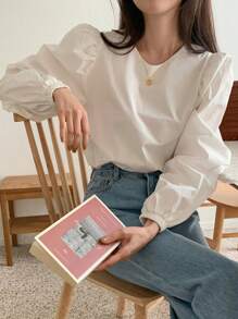 DAZY Women Solid Color Daily Wear Puff Sleeve Blouse,Fall Clothes Long Sleeve Top - White - View 9
