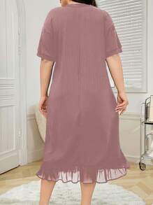 SHEIN Solid Color Lace Trim Ribbed Knit Nightgown - Dusty Pink - View 2