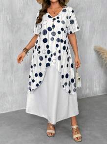 EMERY ROSE Women's Plus Size Polka Dot Print V-Neck Button Decor Shoulder Short Sleeve Solid Layered Hem A-Line Long Casual Loose Dress, Elegant For Holiday Daily Wear, Spring & Summer - Multicolor - View 3