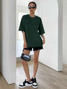 DAZY Slogan Pattern Drop Shoulder Tee KEEP CALM KEEP SMILING Oversized T-Shirt - Dark Green - View 5