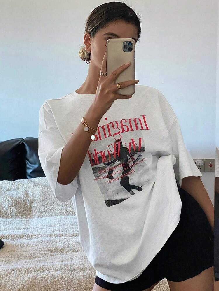 Loose Short Sleeve Round Neck Women's T-Shirt With Letter Print Summer Graphic Tee Oversized T-Shirt Preppy Tops