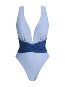 Swim Oasis Plus Size Women's Colorblock Twist Front One-Piece Swimsuit With Cover Up Skirt, For Summer Beach Vacation - Blue - View 4