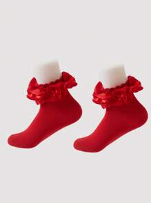 ROMWE Kawaii 3 pares de calcetines medianos de mujer con diseño de encaje, en rojo, negro y blanco - Multicolor - Ver 2