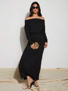 COSMINA Women's Off Shoulder Ruched Waist Side Split Dress - Black - View 1