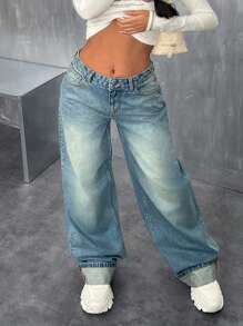 EURMUSE Pantalones vaqueros casuales de talle bajo, pernera ancha, lavado vintage, estilo Y2K con doblez - Azul lavado medio - Ver 5