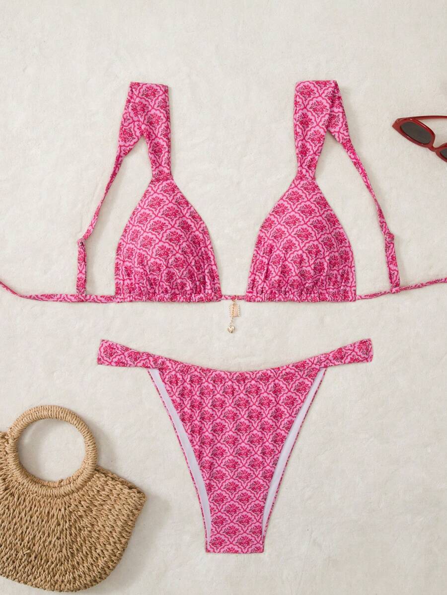 Swim Mod Plus Size Women 2szt. Losowy kwiatowy złoty odpinany pasek Elegancki zestaw strojów kąpielowych na plażę