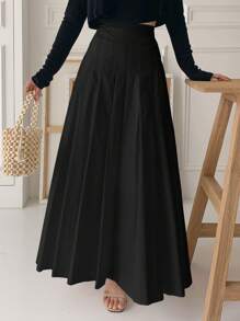 DAZY Women's Black Pleated A-Line Skirt, Suitable For All Seasons, Autumn