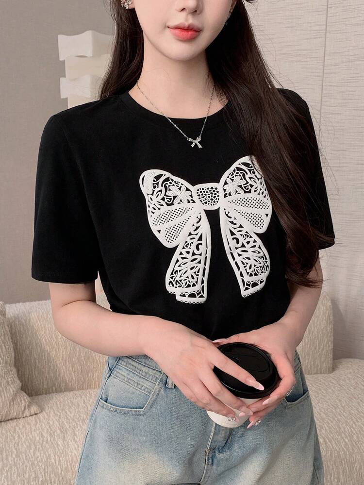 Women's Summer Butterfly Print Loose Short Sleeve T-Shirt With Bow Cute Tops,Teacher Outfits