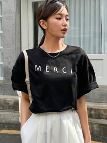 DAZY 字母图案落肩 T 恤 夏季 - 黑色 - 查看 6