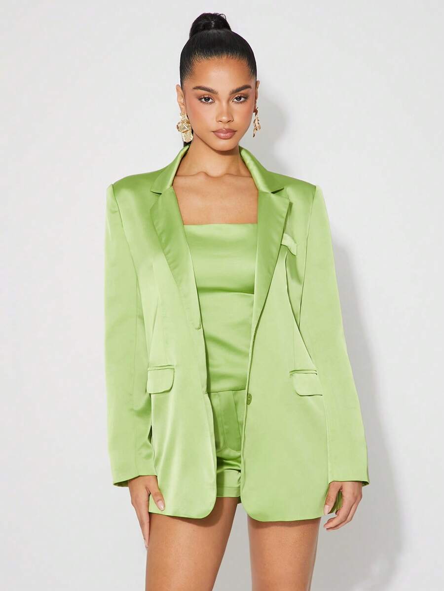 SHEIN Unity بليزر ربيعي كبير الحجم من القماش الساتان أمامي بأزرار، جاكيت صيفية للمناسبات الخاصة، حفلات الزفاف والحفلات والعشاء والحفلات الرسمية للنساء في فصلي الخريف والشتاء