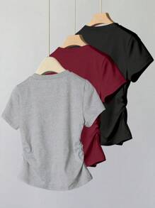 SHEIN Conjunto informal de 3 piezas para adolescentes que incluye camiseta con volantes en la cintura y estampado de moño