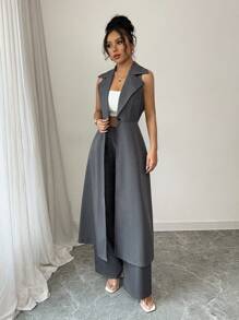 Selianne Set med 2 delar: Elegant ärmlöst stativ, krage med snäv midja A-linje lång kofta och byxor - Grå - Visa 5