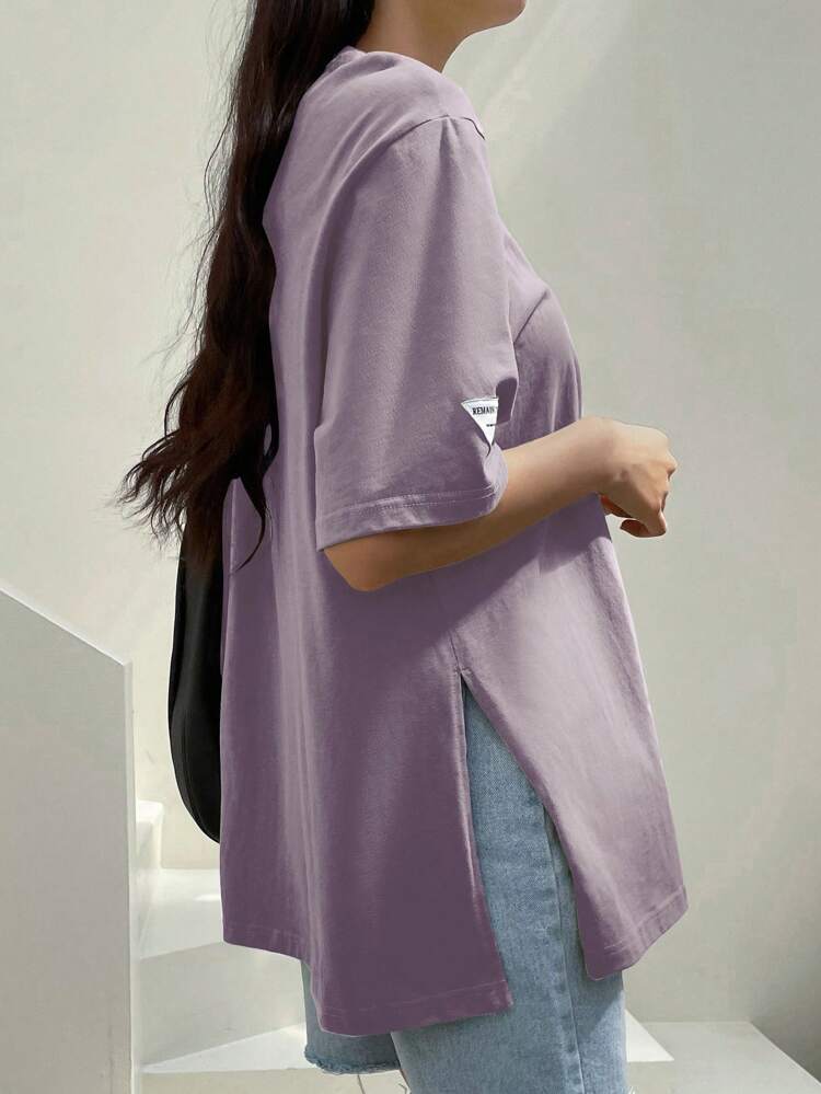 Loose Short Sleeve T-Shirt With Letter Patchwork And Split Hem Summer Oversized T-Shirt Business Casual Woman Work Clothes