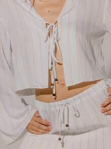 Aralina Striped Long Sleeve Vacation Tie Front Casual Cover Up Shirt - White - View 3