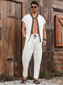 Genlund Conjunto de camisa y pantalones casuales con estampado geométrico de retazos para hombre - Beis - Ver 3