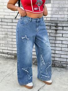SHEIN ICON Plus Size Women Five-Starred Fringes Decor Pockets Loose Relaxed Fit Jeans - Blue - View 6