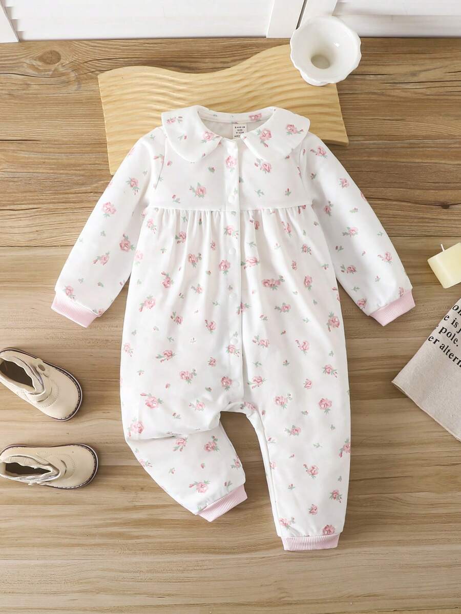 SHEIN LMoss Kids 新生女嬰可愛碎花針織連身褲,附彼得潘領,女嬰款 - 彩色 - 查看 1