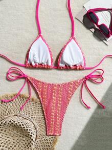 Swim Mod Women's 2Pcs Crochet Spring Bikini Set, Halter Neck, Multi-Color, Resort/Party Swimwear For Summer Beach Vacation - Multicolor - View 4