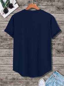 Manfinity Homme Men's Casual Loose Floral & Slogan Print Round Neck Short Sleeve T-Shirt Men Shirts Streetwear Streetwear Men Shirts Men Tee Shirts T Shirt For Men - Navy Blue - View 2