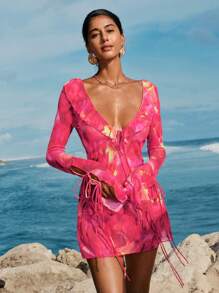 Opulessa Women's Vacation Tie-Dye Print Ruffle Hem Semi-Transparent Mesh  Backless Long Sleeve Dress,Country Concert Outfit - Hot Pink - View 4