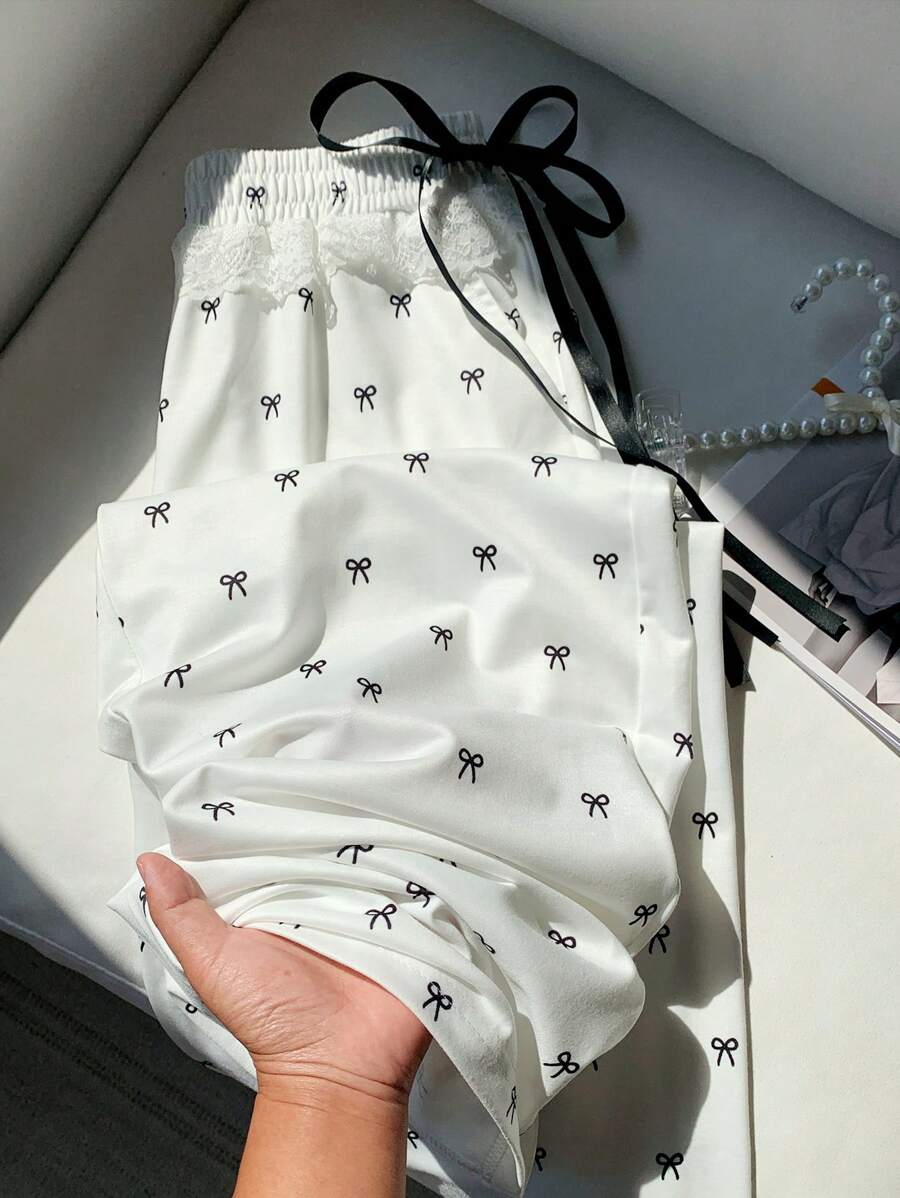 Comfortcana Women's Summer Contrast Lace Bow Decor Wide Leg Casual Sweatpants Graduation,Back To School Outfits,Graduation,Teacher Outfits For Women,Back To School - White - View 1