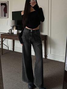 Quần jeans ống rộng dáng casual dành cho nữ, đã qua xử lý giặt. - Màu xám đen - Xem 2