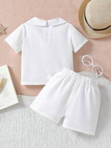 Souflis Souflis Baby Boy Gentleman Style Solid Peter Pan Collar Short Sleeve Shirt And Shorts Set, Fashion Soft Comfortable Suitable For Summer - White - View 2
