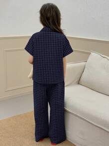 Dazy Kids Tween GirlsShort Sleeve, Checkered Print & Embroidery Pattern, Home/Loungewear Sets, Spring/Summer - Navy Blue - View 3