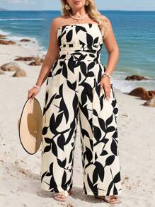 SHEIN VCAY Plus Size Women Black & Beige Tree Leaf Silhouette Print Halter Beachwear Jumpsuit South Beach Outfits Saint-Tropez Outfits Summer Outfits For Women European Summer Western Wear Women Cute Summer Outfits Beach Outfits Boho Women Clothing Vacation Outfits Woman Resort Wear Women Hippie Clothes For Women Easter Outfit Women Rave Outfits Country Concert Outfit Nashville Outfits Coachella Outfits Ibiza Outfits