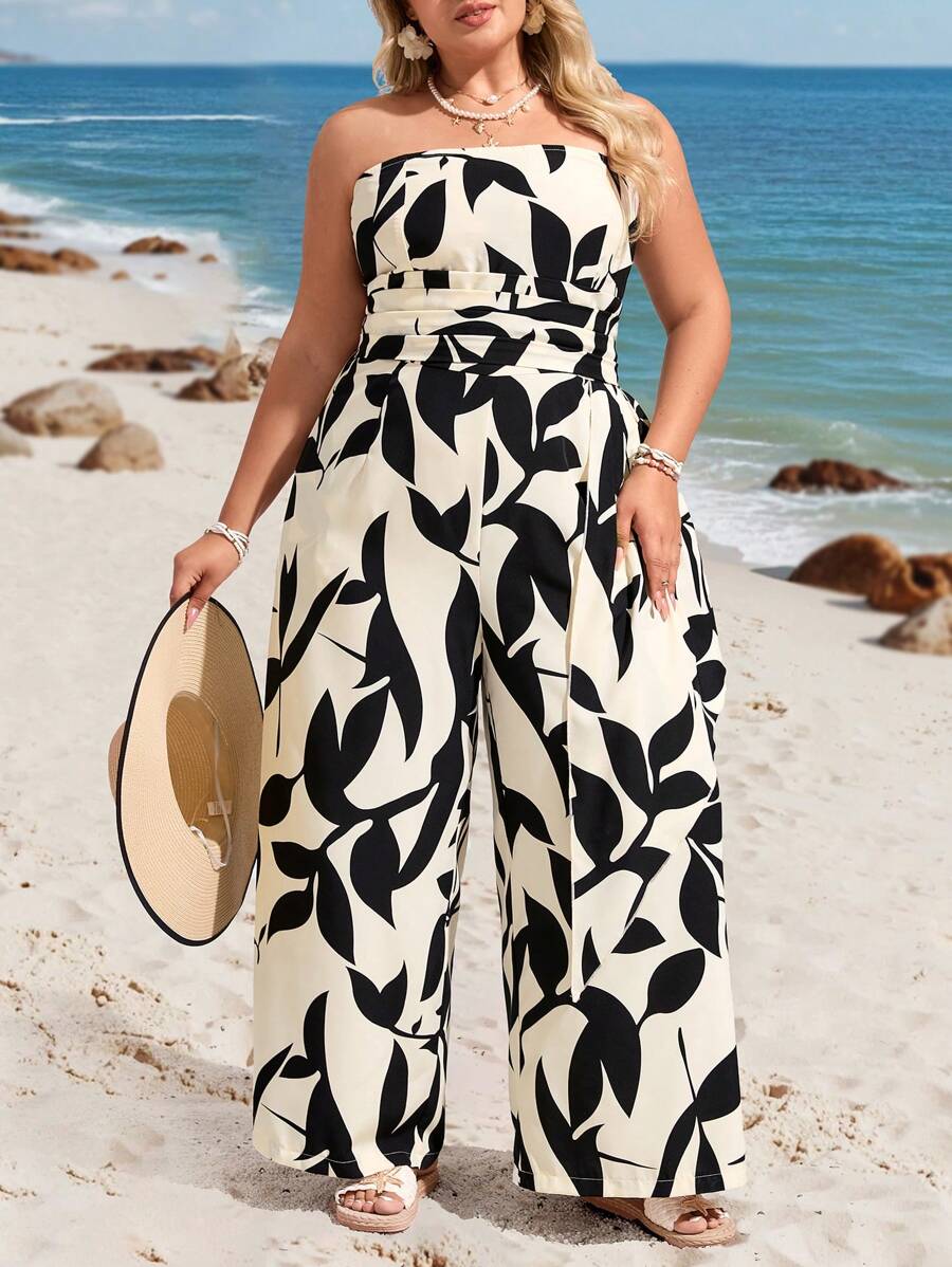 SHEIN VCAY Plus Size Women Black & Beige Tree Leaf Silhouette Print Halter Beachwear Jumpsuit South Beach Outfits Saint-Tropez Outfits Summer Outfits For Women European Summer Western Wear Women Cute Summer Outfits Beach Outfits Boho Women Clothing Vacation Outfits Woman Resort Wear Women Hippie Clothes For Women Easter Outfit Women Rave Outfits Country Concert Outfit Nashville Outfits Coachella Outfits Ibiza Outfits