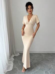 Elenzga Elegant French Style V-Neck Ruched Raglan Sleeve Romantic Mermaid Hem Dress - Apricot - View 6