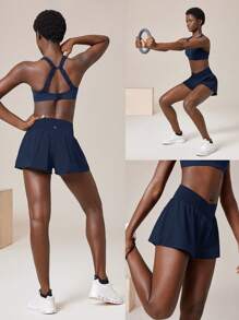 GLOWMODE Crossover Flowy Built-In Shorts 2-In-1 Quick-Dry Shorts Low Impact Breathable Cycling Running Gym Workout Summer - Dark Blue - View 7