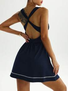 Easithlete 女士性感交叉露背运动连衣裙 - 藏蓝色 - 查看 6