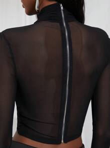 NYA SZN 春季网纱交叉领长袖节日夏季露脐度假办公室性感学院风休闲装女款 - 黑色 - 查看 2