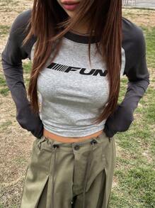 DAZY Letter Graphic Raglan Sleeve Crop Tee,Fall Clothes Long Sleeve Women Tops - Grey - View 1