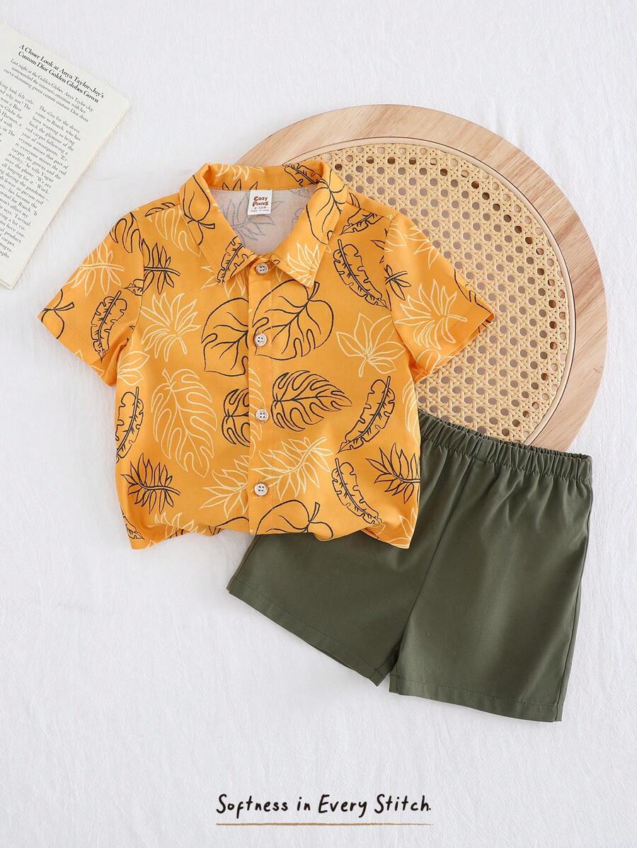 Cozy Pixies Conjunto de 2 piezas para bebé niño con blusa de manga corta con cuello y pantalón corto de cintura elástica de unicolor - Multicolor - Ver 1