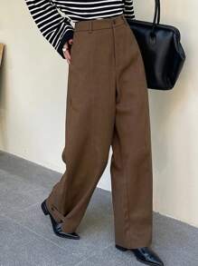 DAZY Women Wide Leg Pants With Pockets And Snap Leg Hem, Solid Color, Loose Fit - Brown - View 8