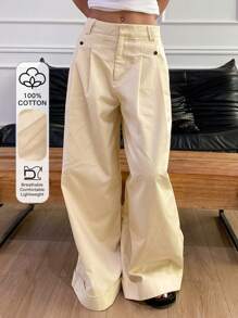 DAZY 實色女式寬褲，帶有口袋 - 米色 - 查看 1