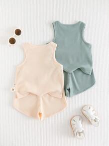 Cozy Pixies 4pcs Baby Boy Set - Solid Color Knitted Soft Round Neck Sleeveless Vest And Elastic Waist Shorts