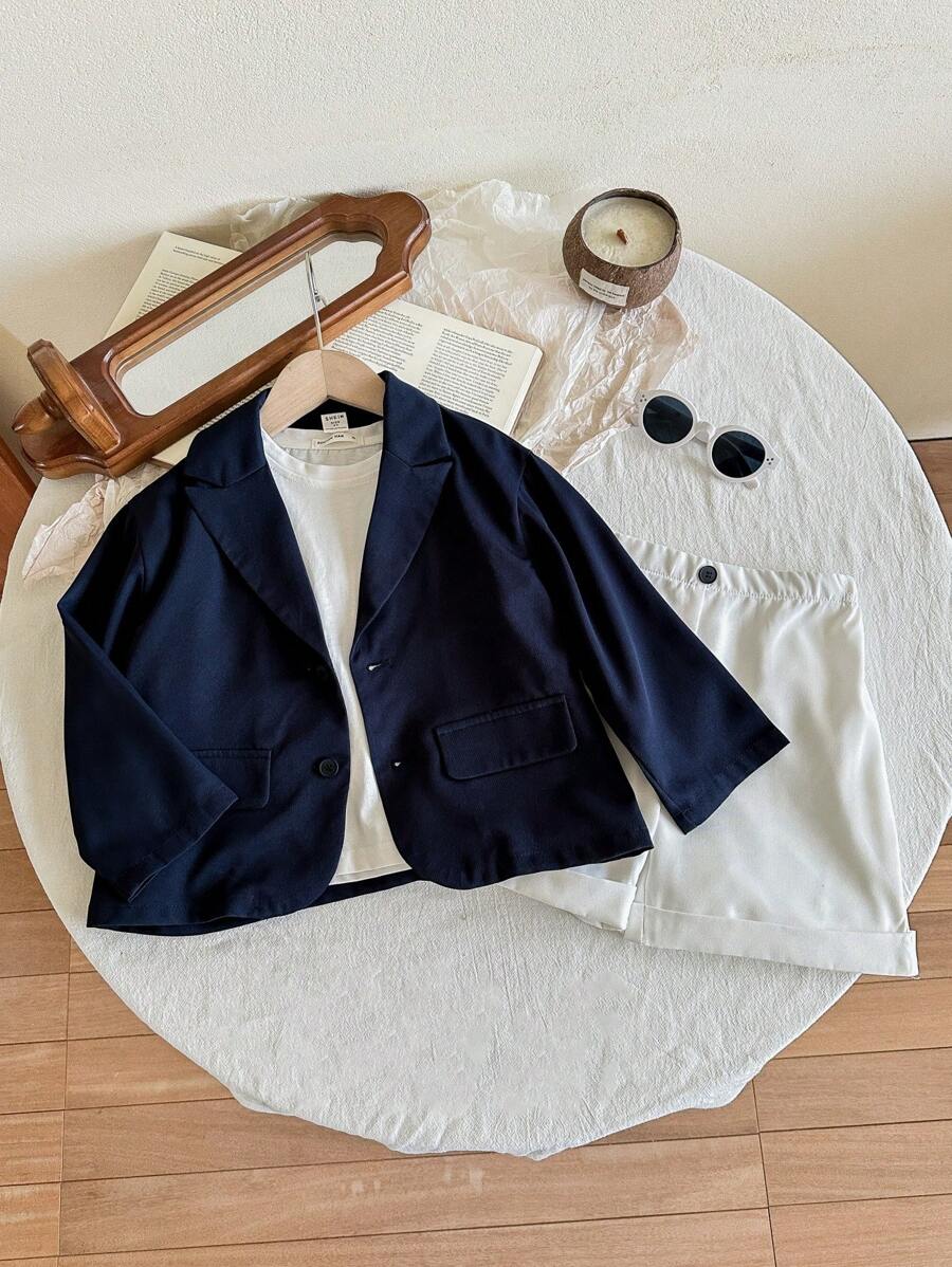 2pcs Boys Gentleman Formal Elegant Urban Fashion Black Long Sleeve Suit Jacket And Shorts Set, Suitable For Weddings, Parties, Outings, Casual Gatherings, All Seasons