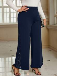 SHEIN Tall CURVE Plus Size Elegant Commuter Sequin Patchwork Wide Leg Pants - Navy Blue - View 6