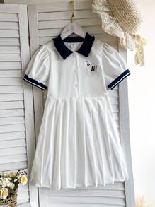 SHEIN 年轻女孩白色灯笼袖可爱刺绣小狗立领纽扣式休闲学院风舒适春夏连衣裙 - 白色 - 查看 1